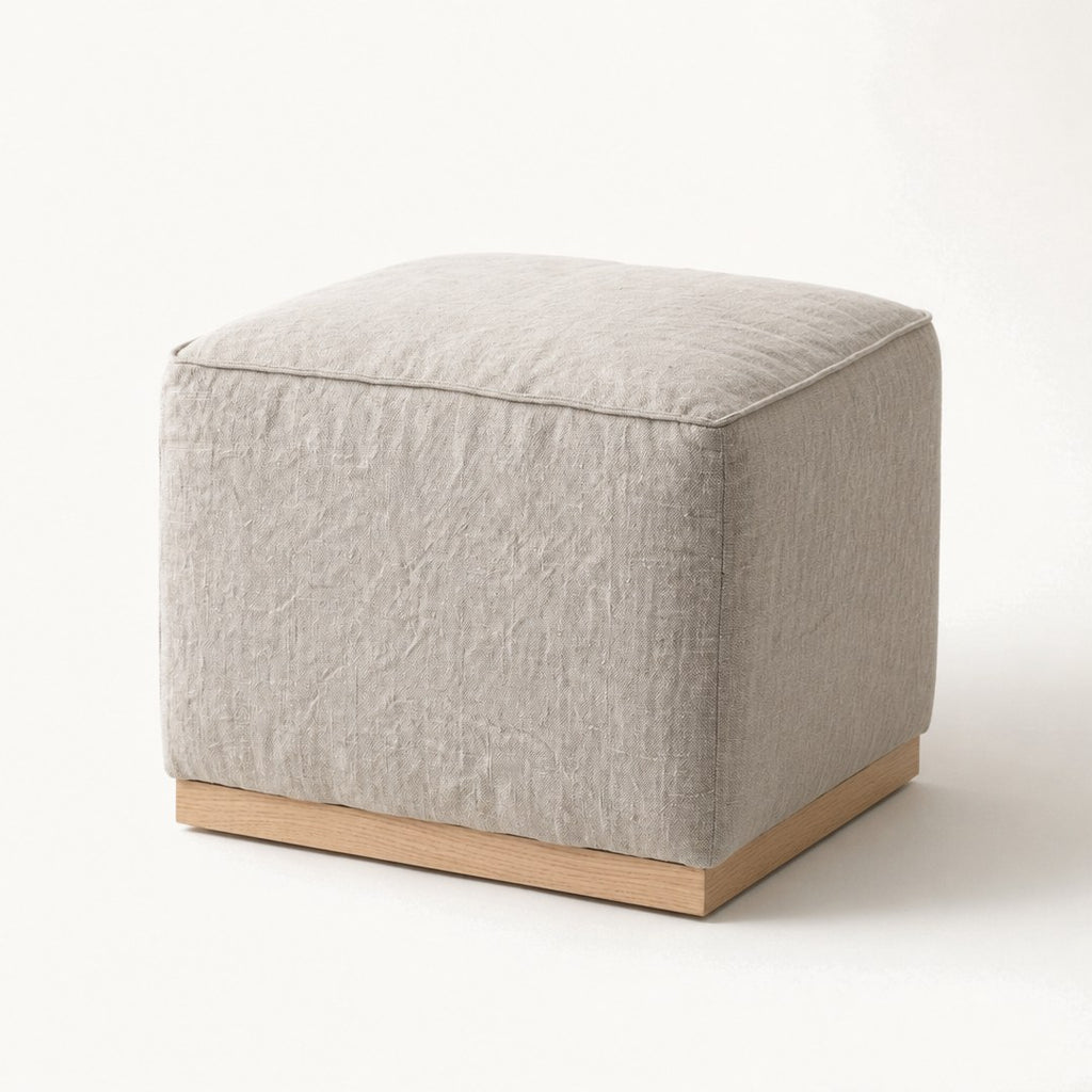 Linen Ottoman, low three-quarter view
