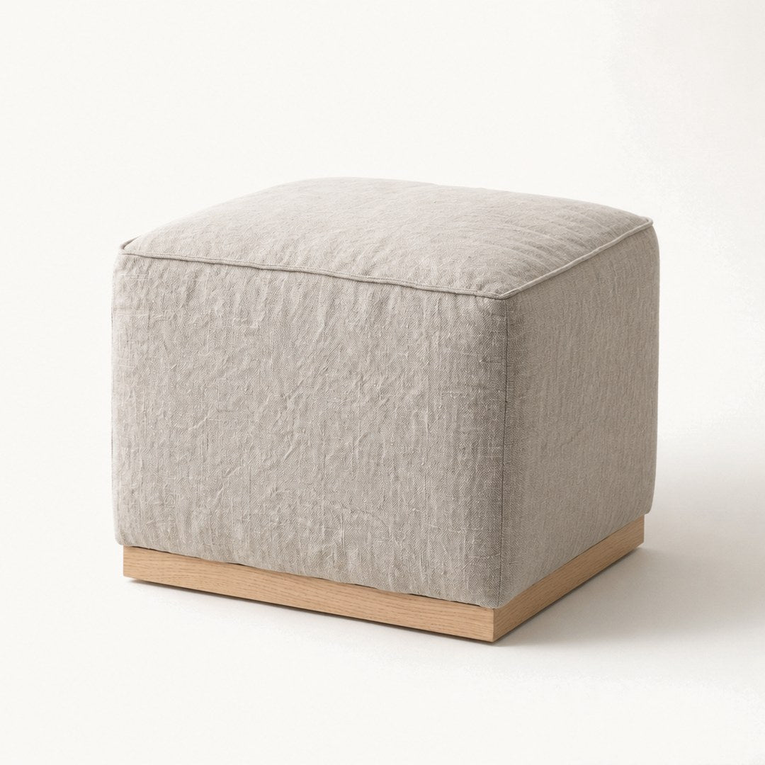 Linen Ottoman, low three-quarter view