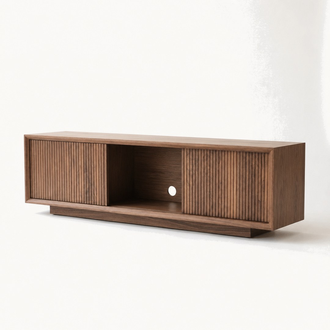Low Media Console with a sliding door open