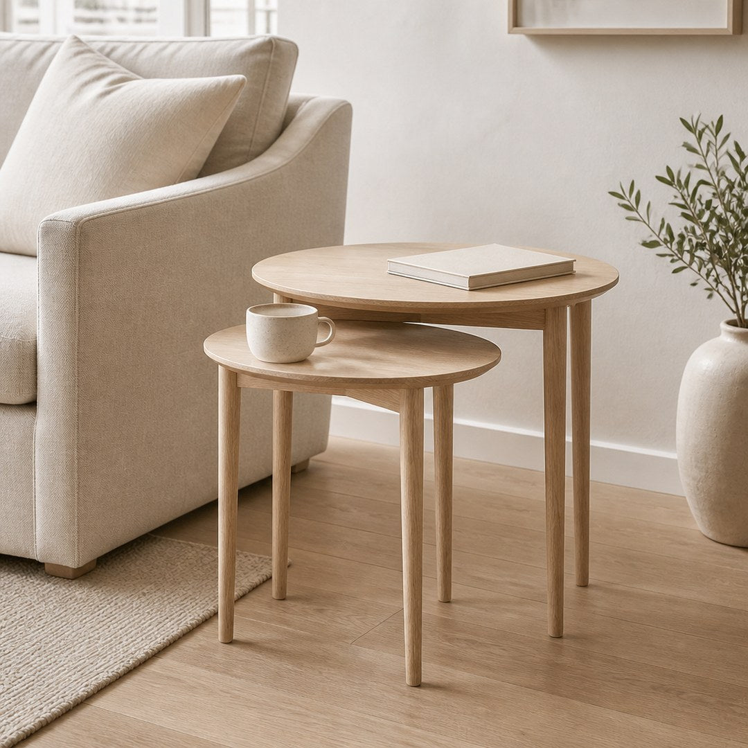 Nesting Tables beside a linen sofa