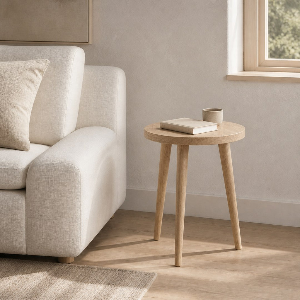 Oak Side Table beside a linen sofa