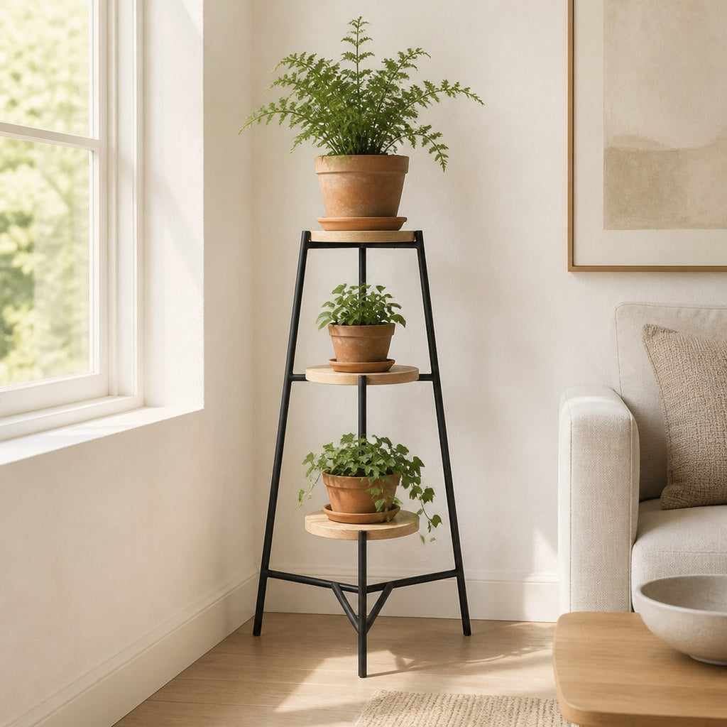 Tiered Plant Stand with plants beside a window