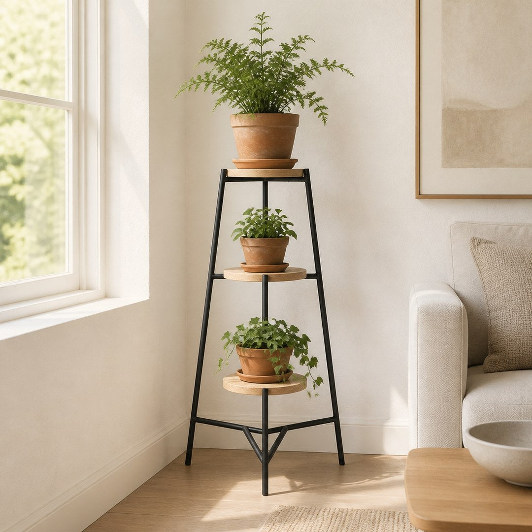 Tiered Plant Stand with plants beside a window