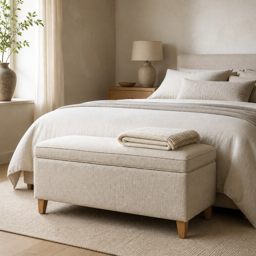 Lidded Storage Bench at the foot of a bed