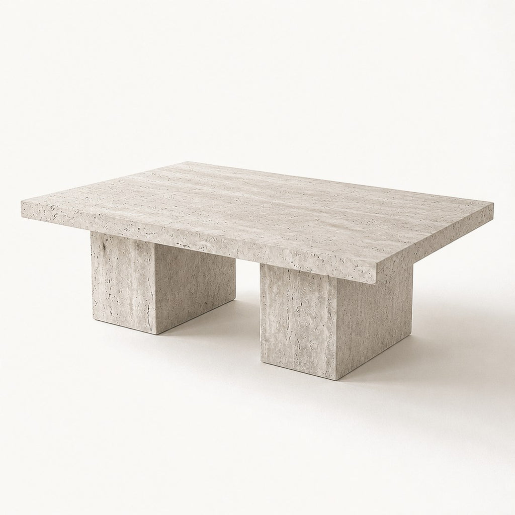 Travertine Coffee Table, stone pitting close up