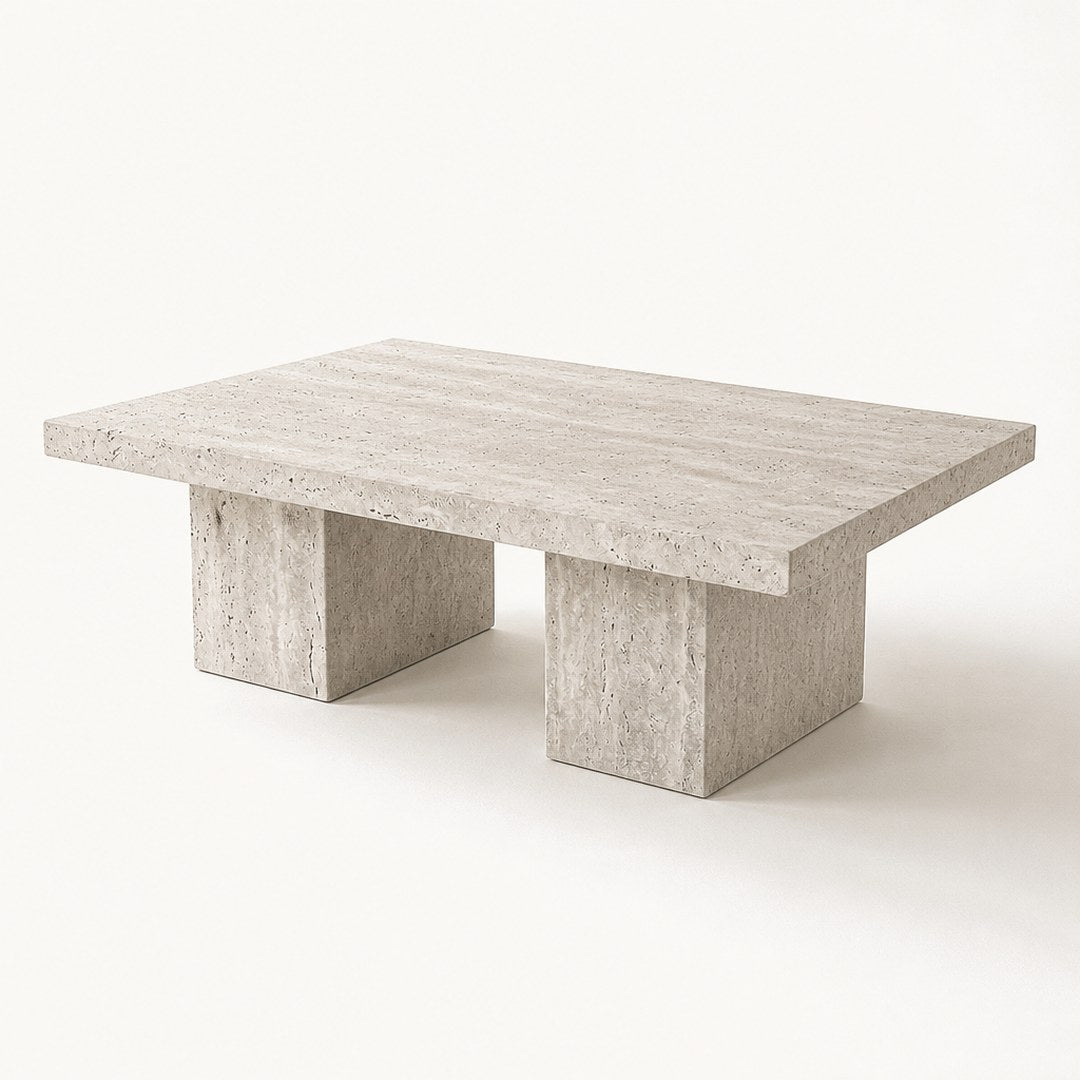 Travertine Coffee Table, stone pitting close up