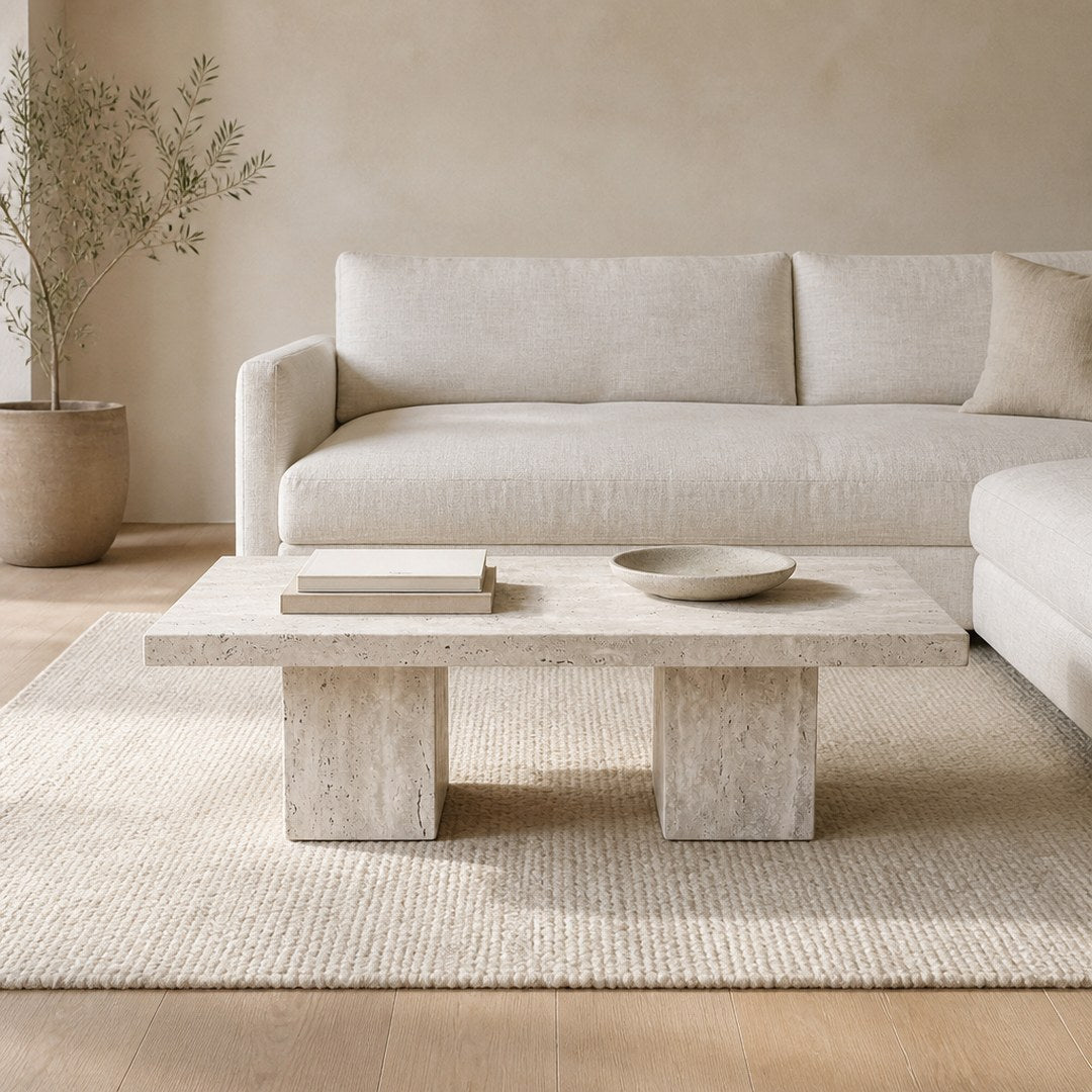 Travertine Coffee Table on a wool rug