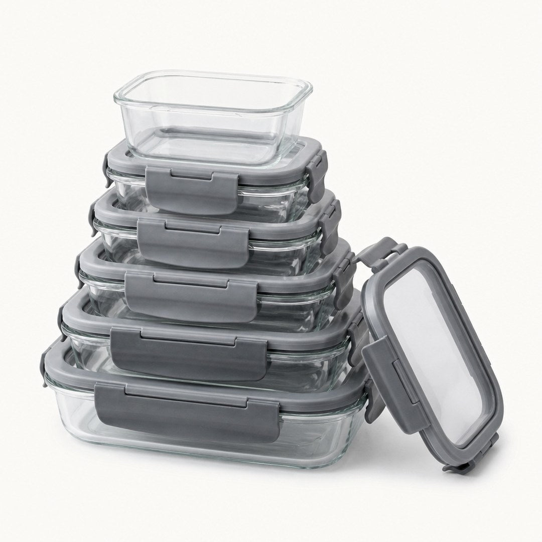 Borosilicate storage containers nested and stacked with a lid off