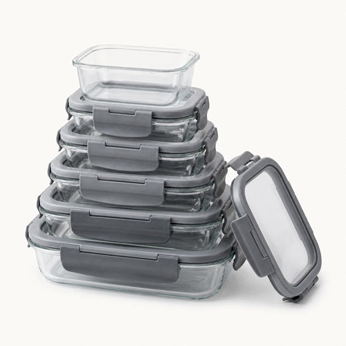 Borosilicate storage containers nested and stacked with a lid off