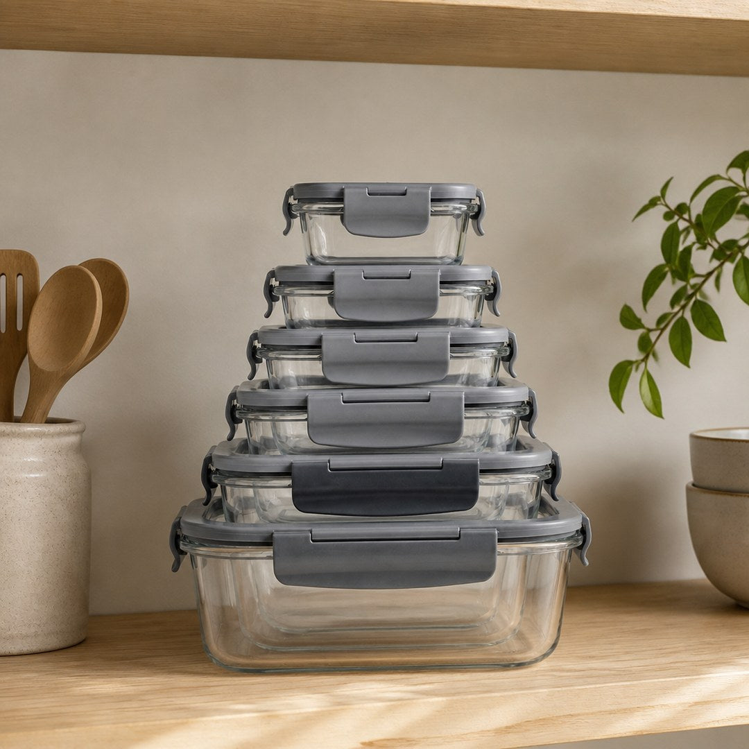 Borosilicate storage containers on a pantry shelf
