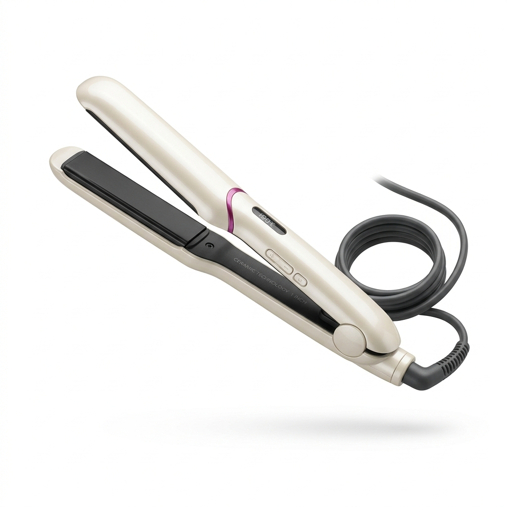 Glossy Ceramic Flat Iron with 1 inch plates in pearl cream