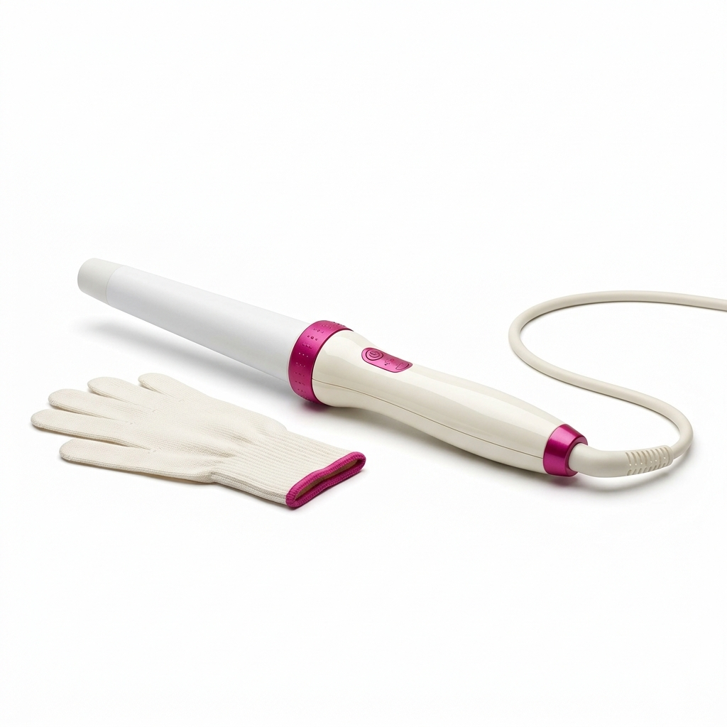 Glossy Curling Wand with 1.25 inch tapered barrel and heat glove
