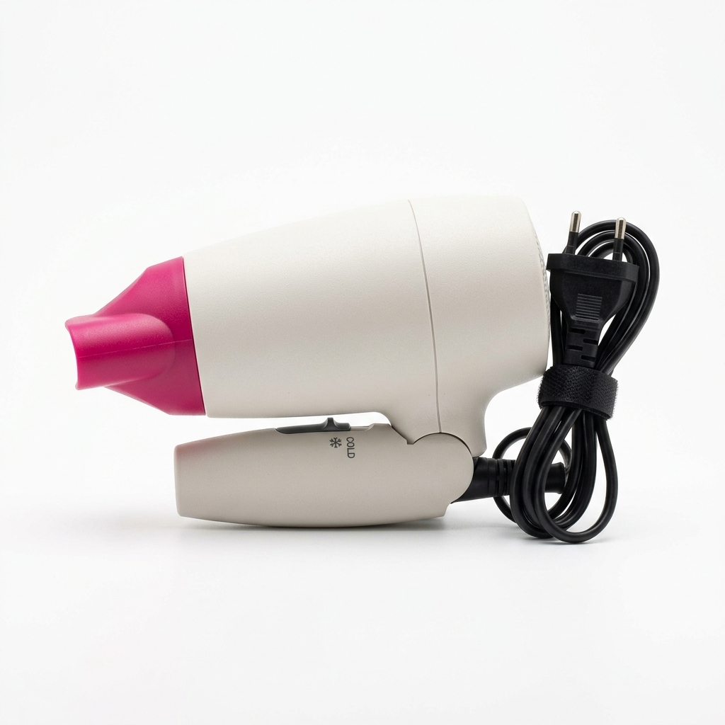 Glossy Compact Travel Hair Dryer folded with fuchsia nozzle