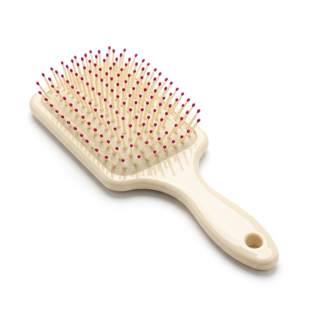Glossy Detangling Paddle Brush in cream with fuchsia-tipped bristles
