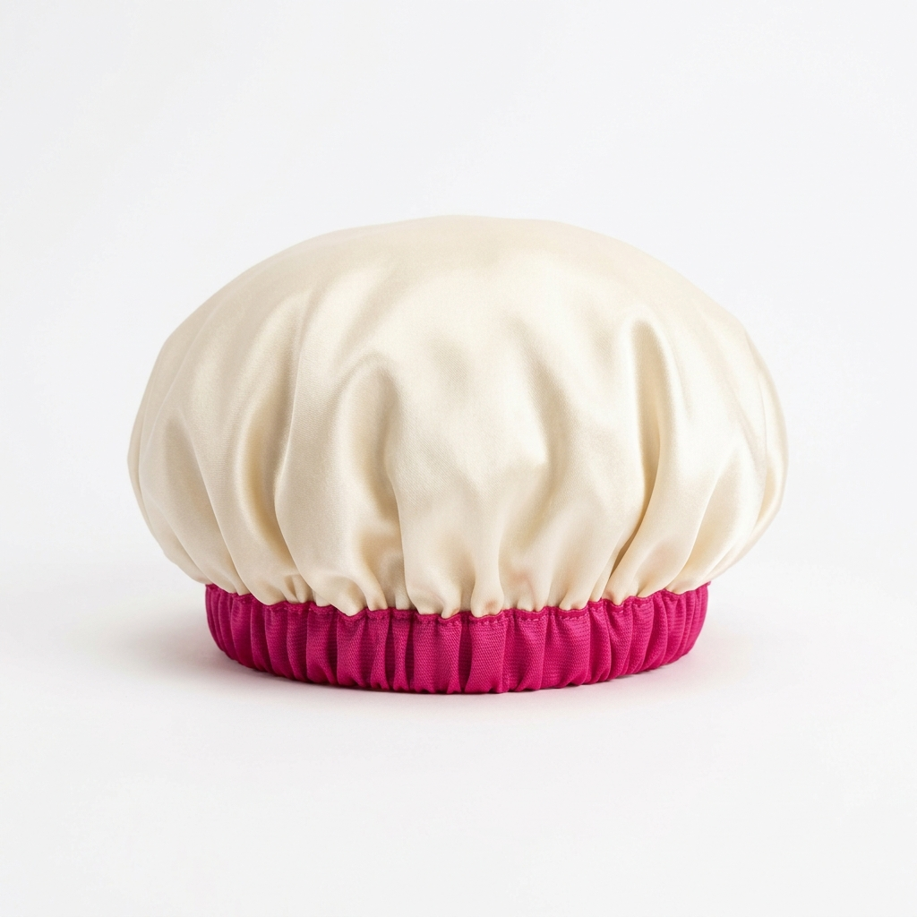 Silk Sleep Bonnet in cream satin with fuchsia band
