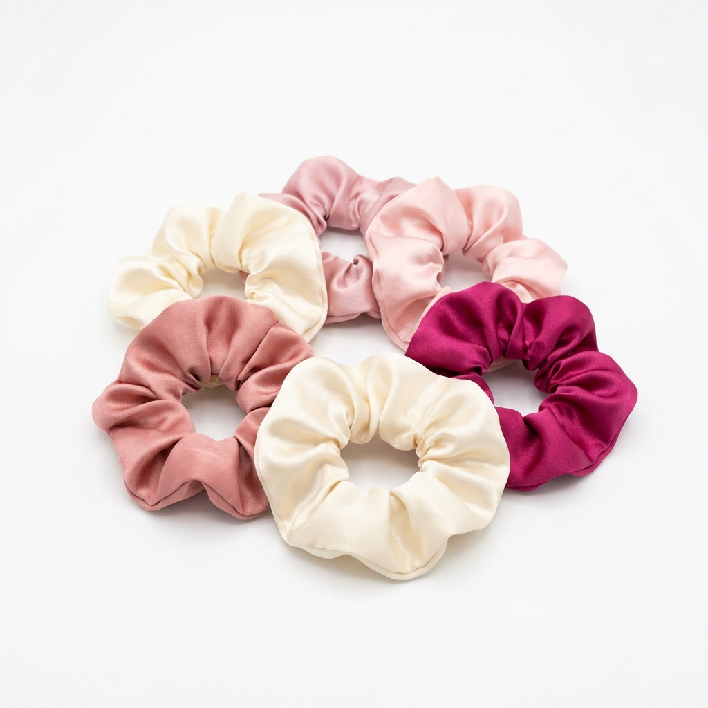 Satin Scrunchie Set of six in cream blush rose and fuchsia