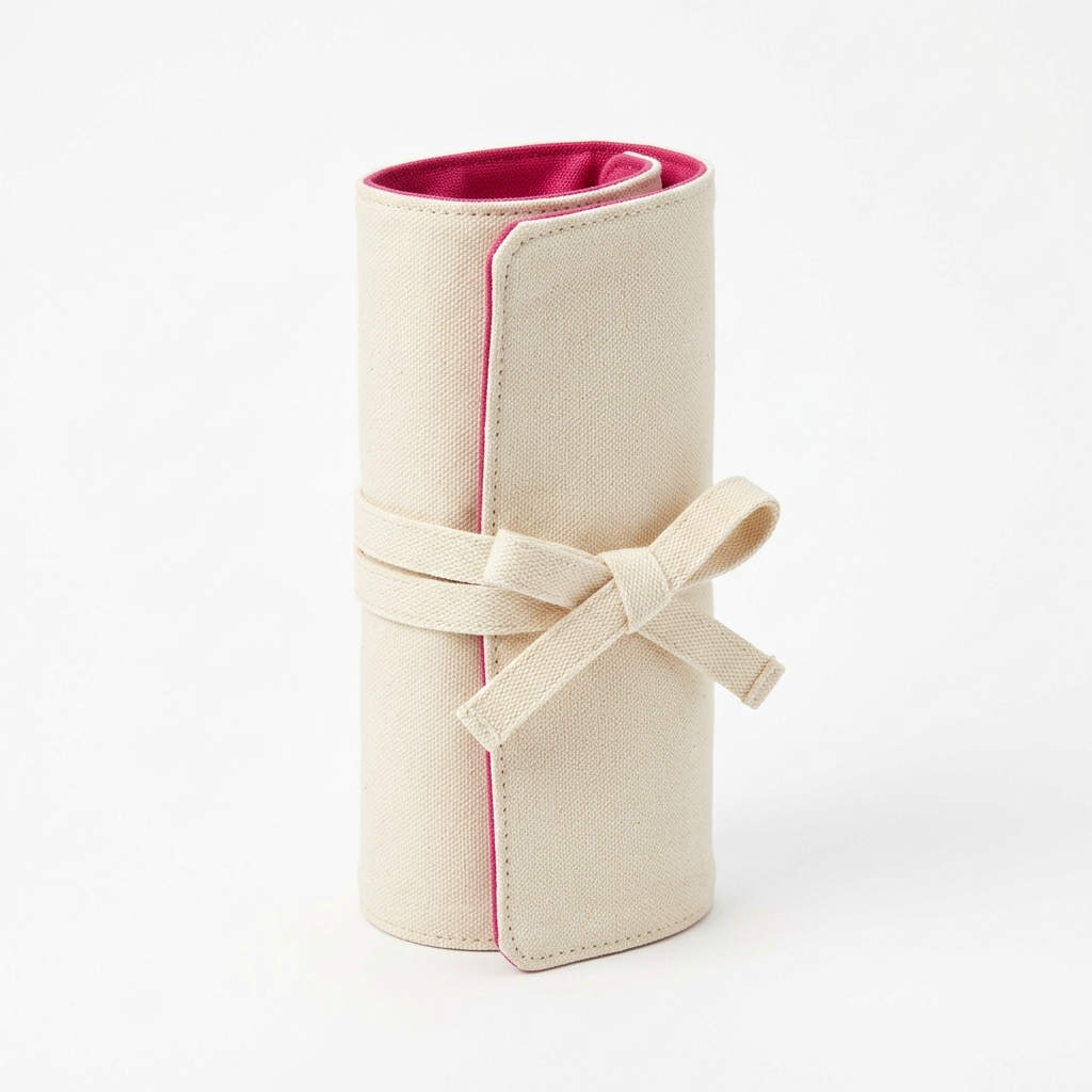 Travel Hair Tool Roll Case in cream canvas with fuchsia lining