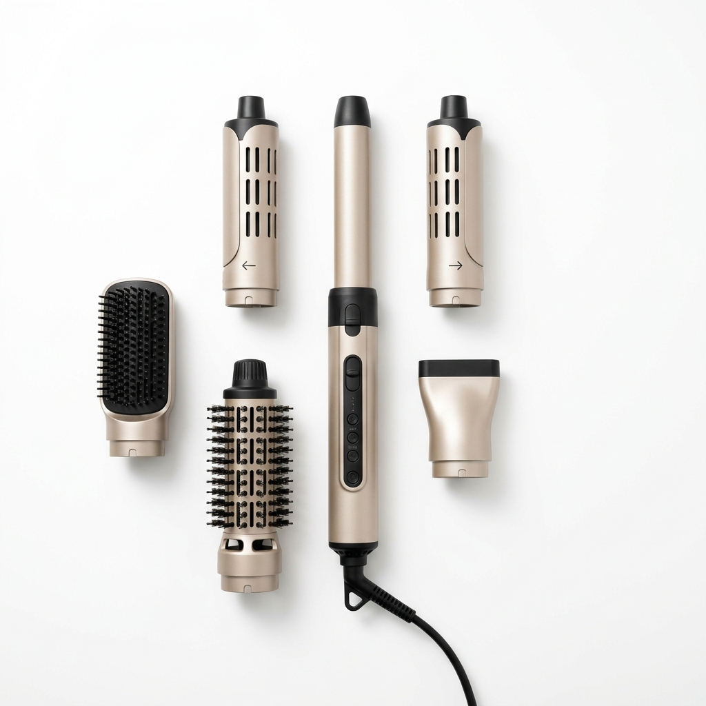 Glossy Air Styler 6-in-1 with five attachments in champagne