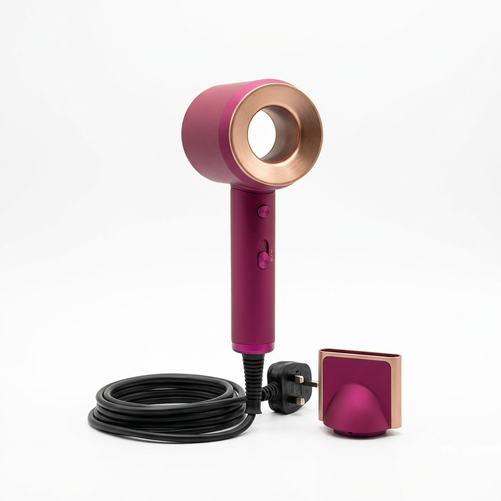 Glossy Ionic Pro Hair Dryer in fuchsia with rose gold ring nozzle