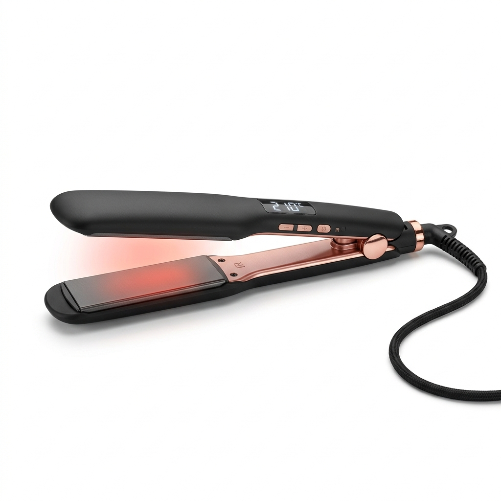 Glossy Infrared Flat Iron in matte black with rose gold hinge