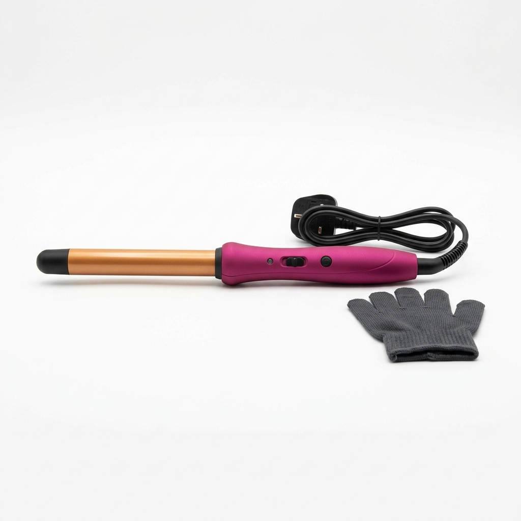 Glossy Mini Curling Wand 0.75 inch in fuchsia with glove