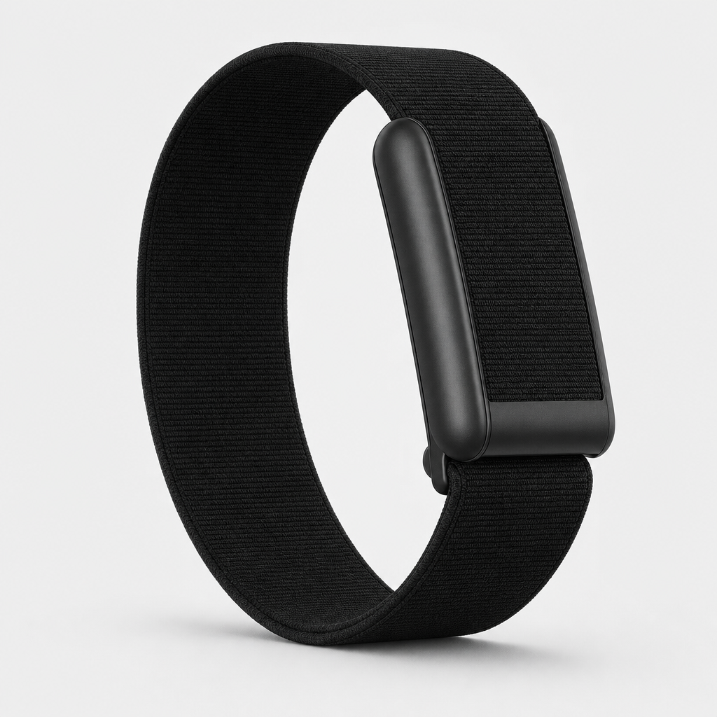 Knit band health tracker in Jet, black flat-weave loop with slim sensor module