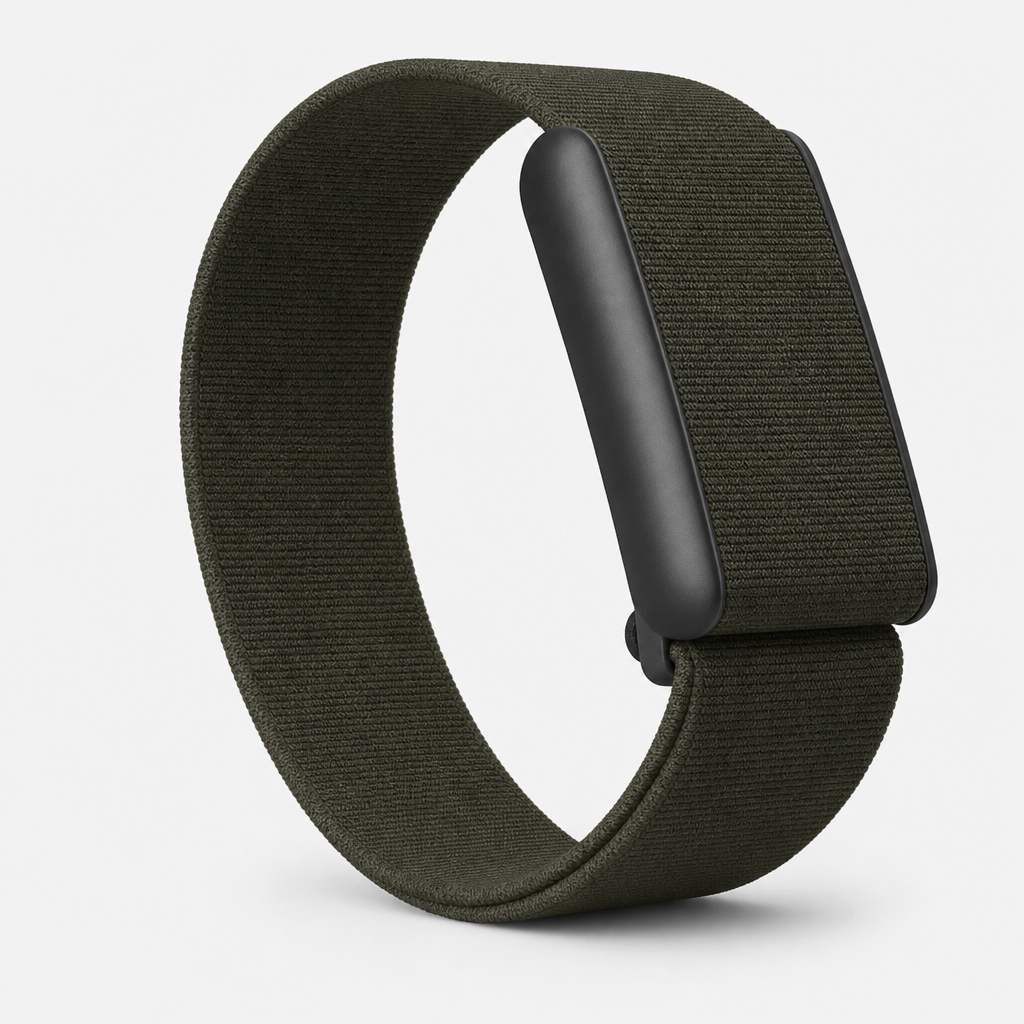 Knit band health tracker in Haven, olive green flat-weave loop with slim sensor module