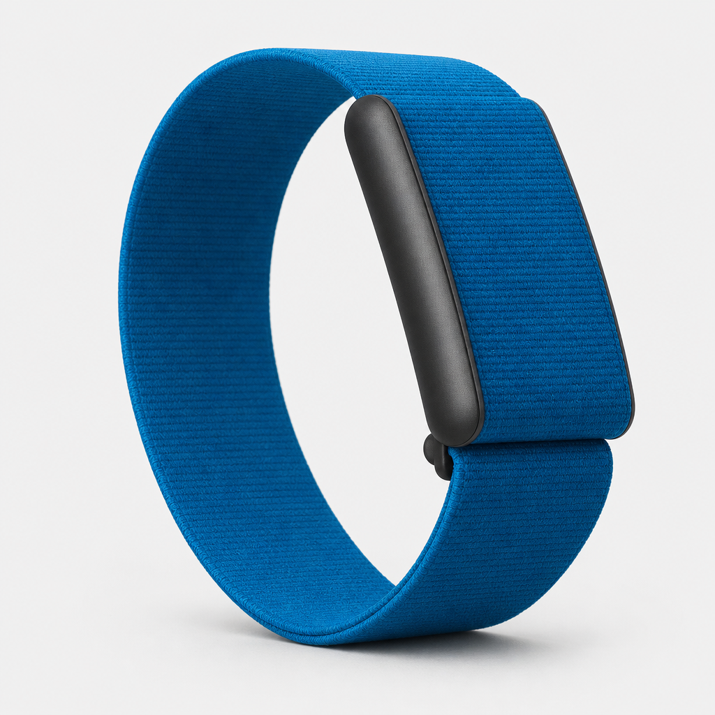 Knit band health tracker in Tidal, azure blue flat-weave loop with slim sensor module