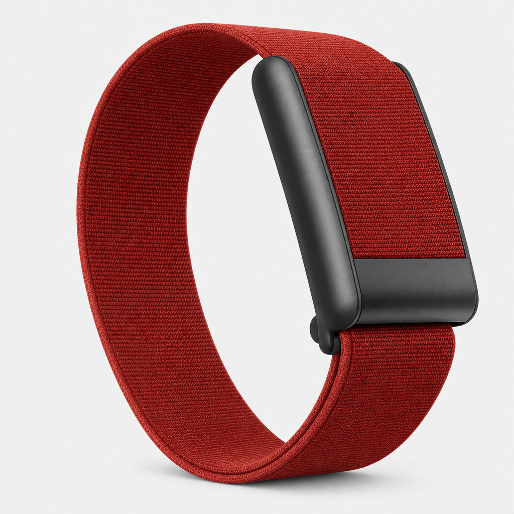 Knit band health tracker in Mirage, brick red flat-weave loop with slim sensor module