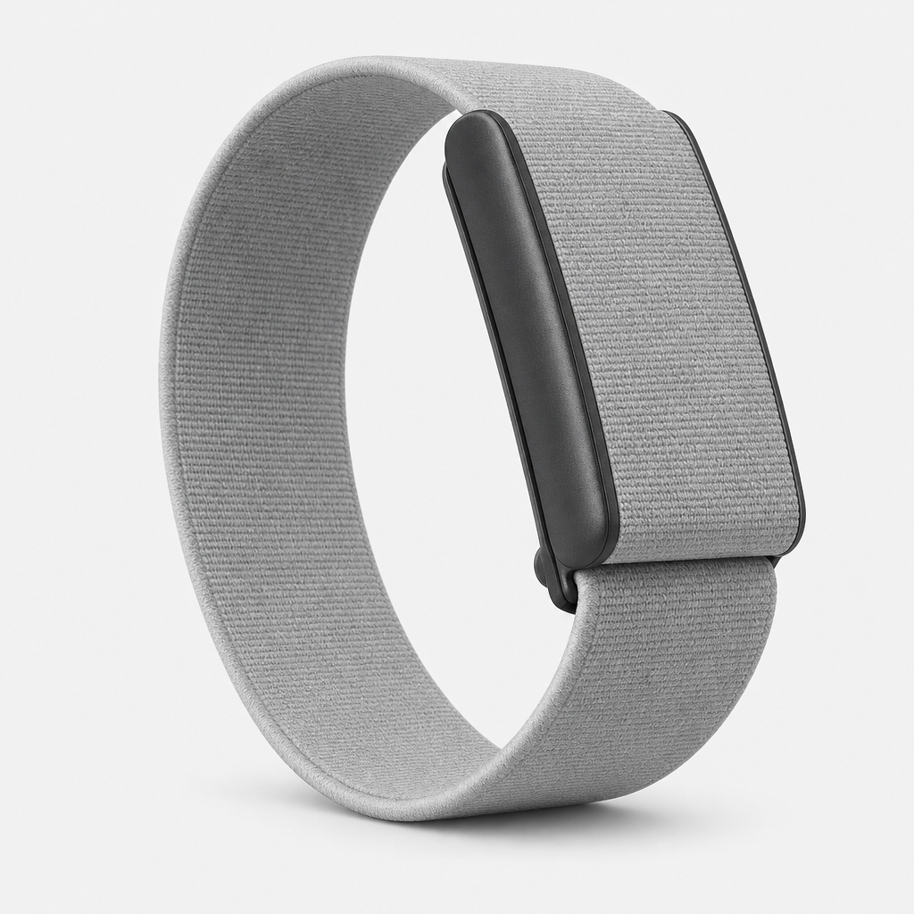 Knit band health tracker in Drift, light grey flat-weave loop with slim sensor module