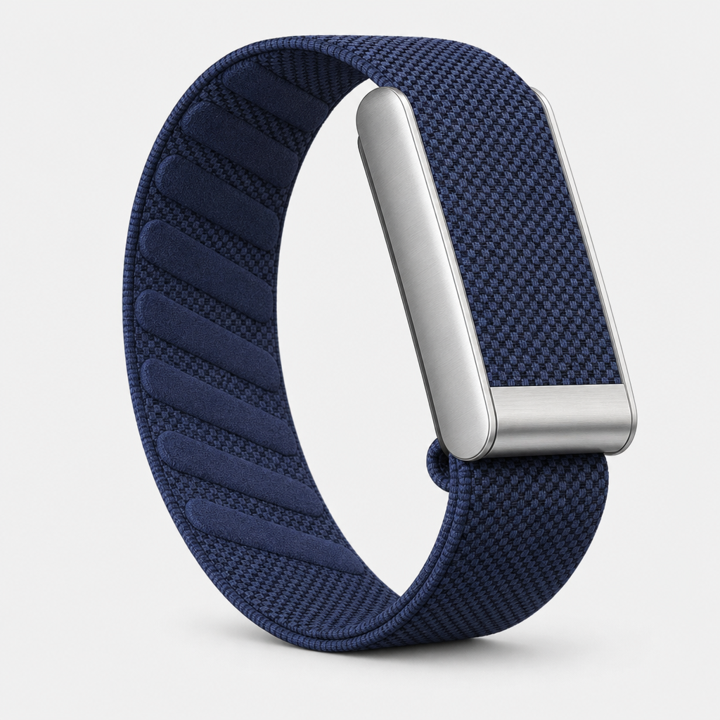 Luxe knit band health tracker in Rush, navy two-tone woven loop with brushed metal sensor housing