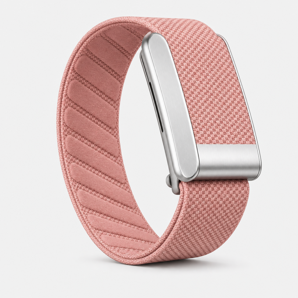Luxe knit band health tracker in Aurora, dusty rose woven loop with brushed metal sensor housing