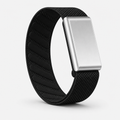 Luxe knit band health tracker in Obsidian, black two-tone woven loop with brushed metal sensor housing