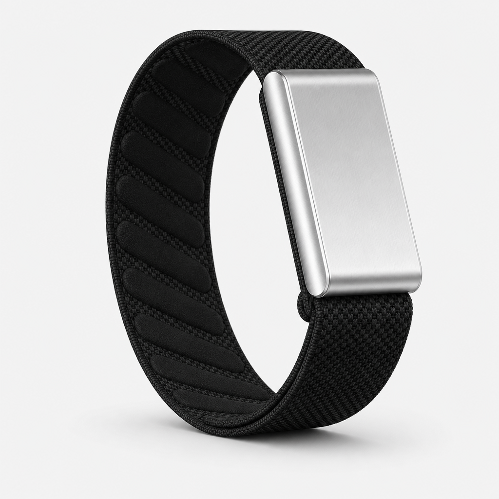 Luxe knit band health tracker in Obsidian, black two-tone woven loop with brushed metal sensor housing