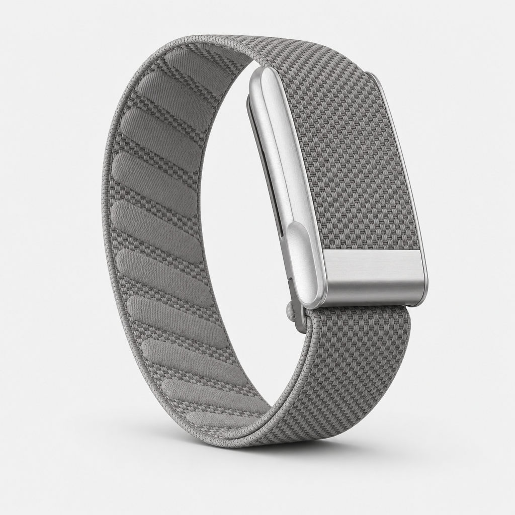 Luxe knit band health tracker in Storm, grey two-tone woven loop with brushed metal sensor housing