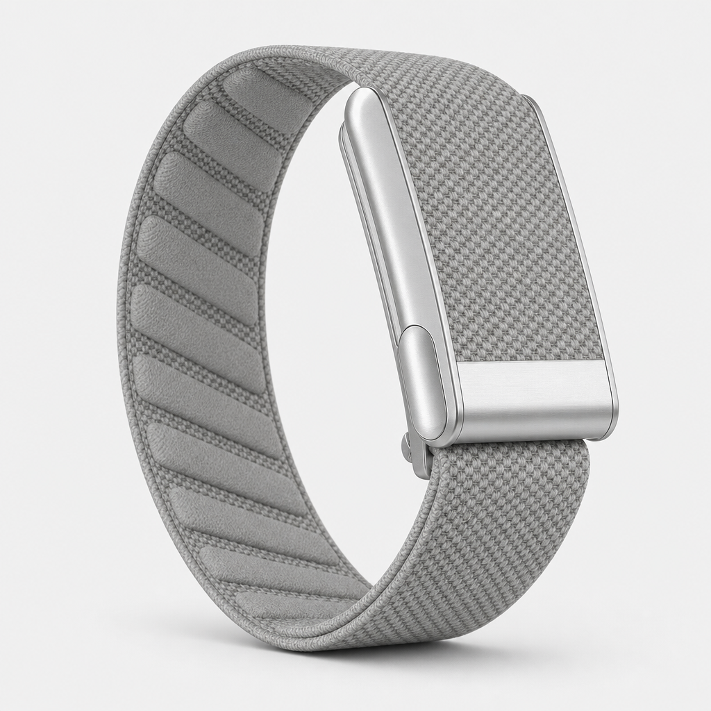 Luxe knit band health tracker in Drift, light grey two-tone woven loop with brushed metal sensor housing