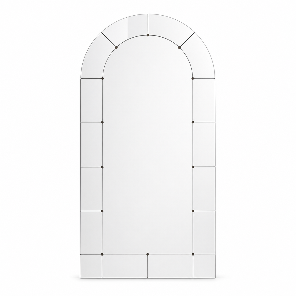 Arched full-length floor mirror with bevelled panels, 36 by 72 inches