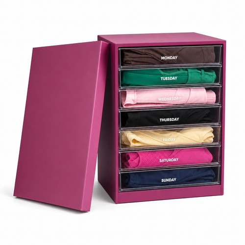Seven-drawer activewear case, open, with a full look folded into each labeled drawer