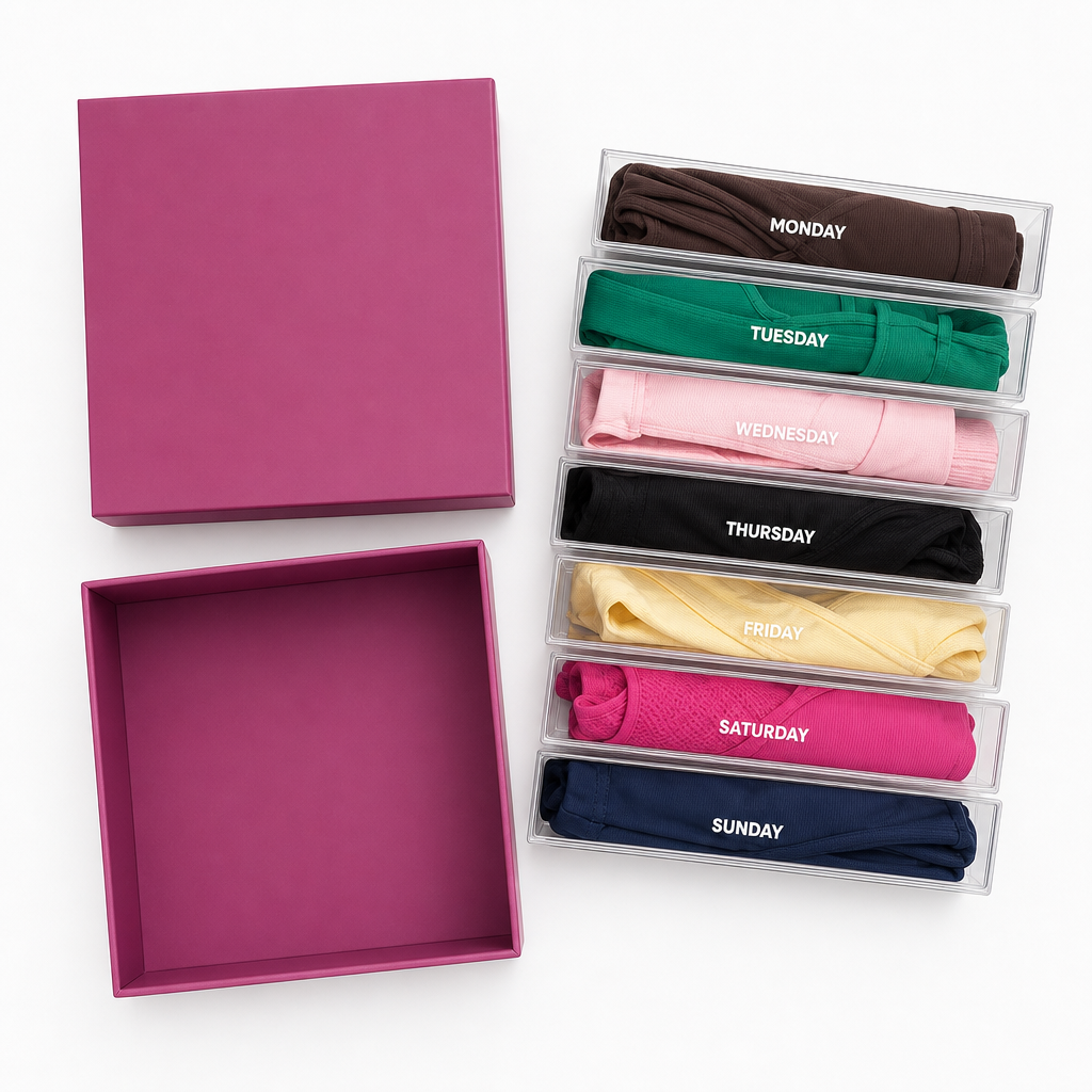 All seven drawers laid out beside the case, Monday through Sunday