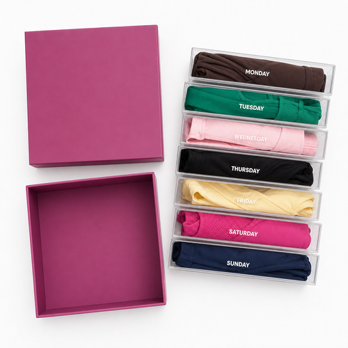 All seven drawers laid out beside the case, Monday through Sunday