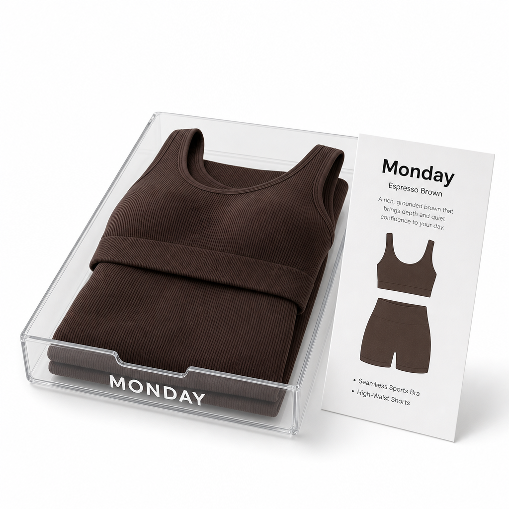 Monday drawer with the two-piece look folded inside and the printed look card