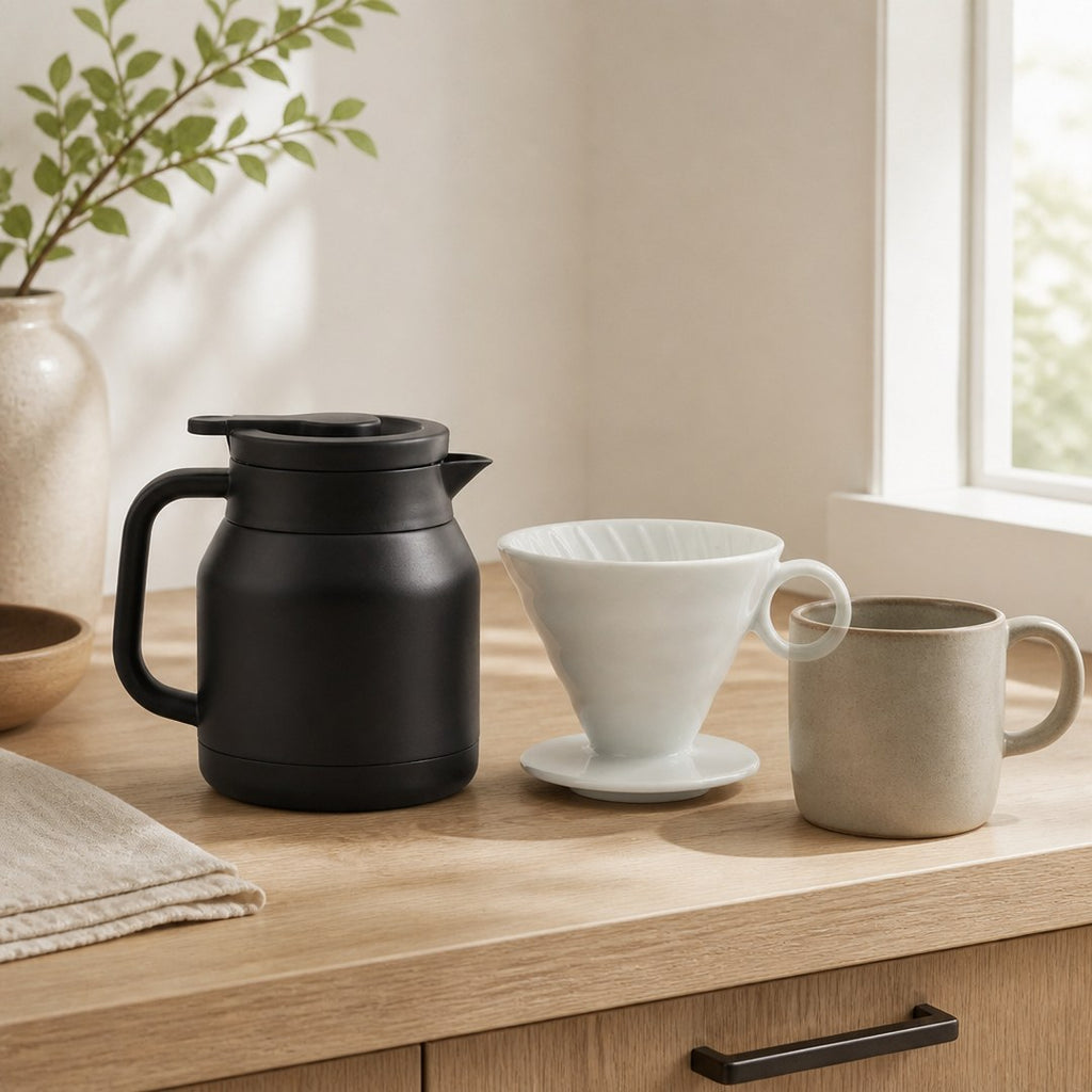 Insulated pour-over set on a kitchen counter with a mug