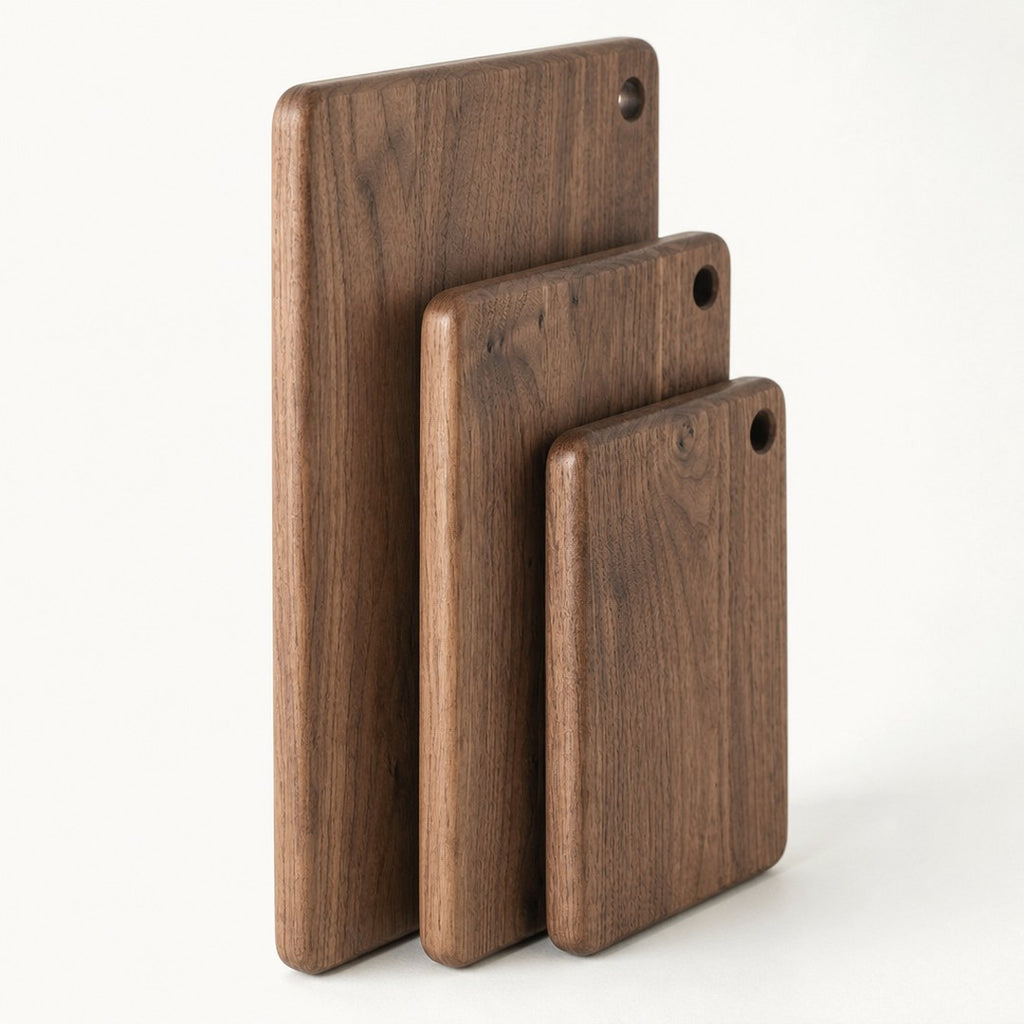 Walnut cutting boards on edge showing thickness and grain