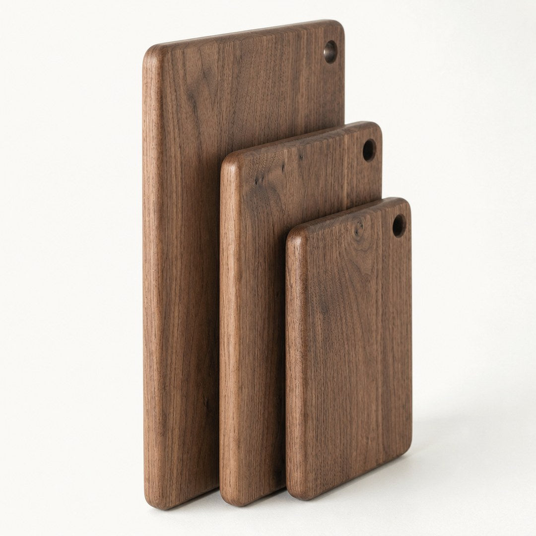 Walnut cutting boards on edge showing thickness and grain