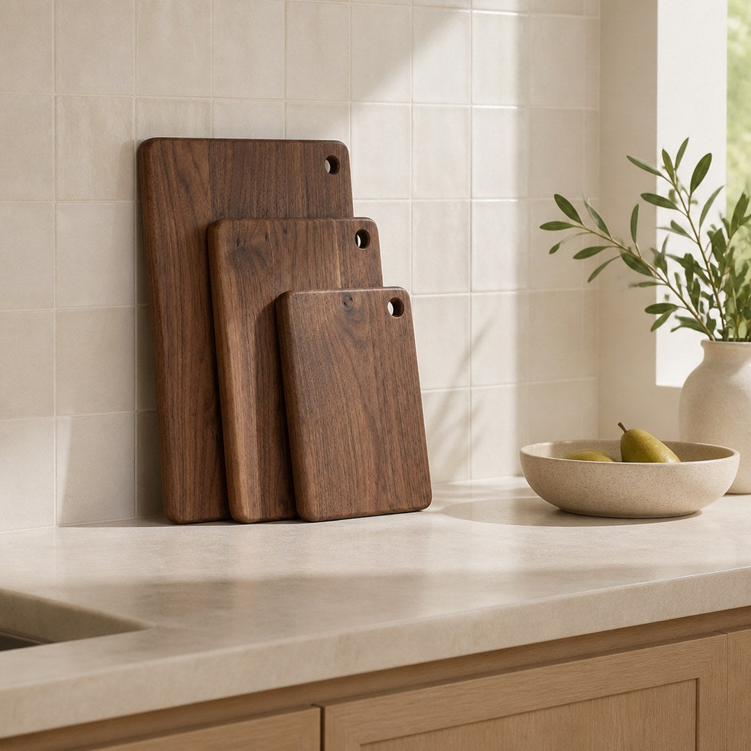 Walnut cutting boards leaning against a kitchen backsplash