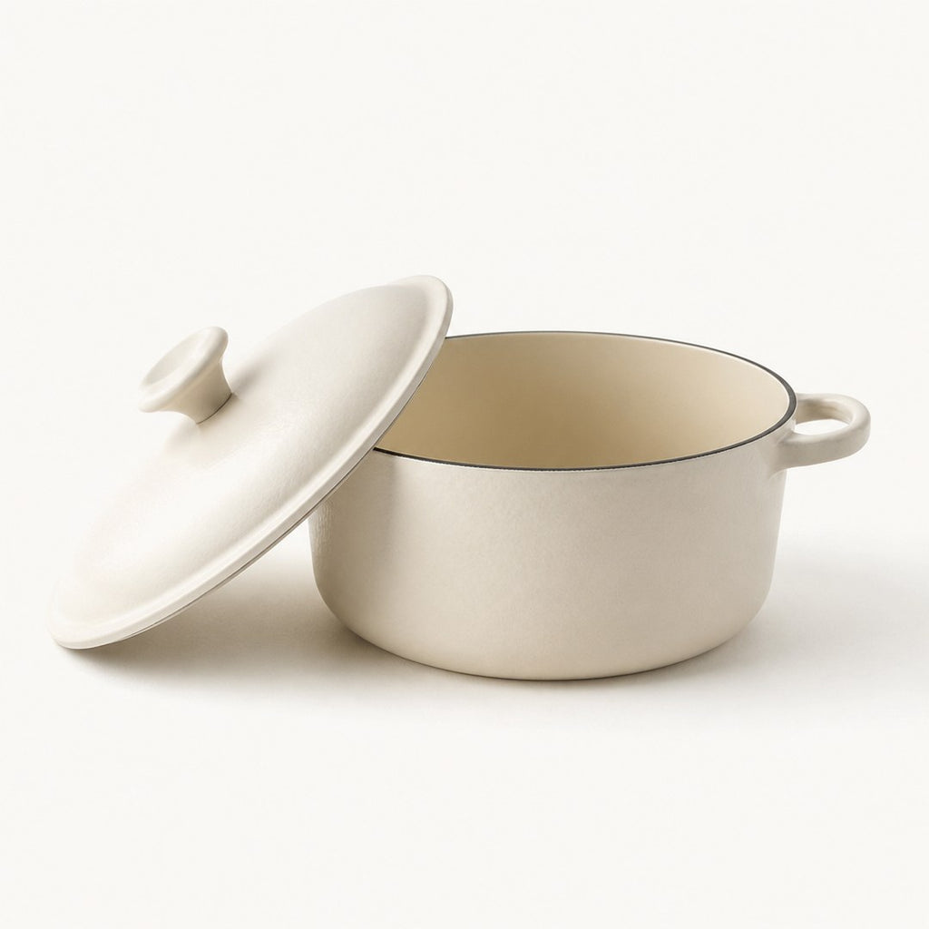 Enamel dutch oven with the lid open showing the enamel interior