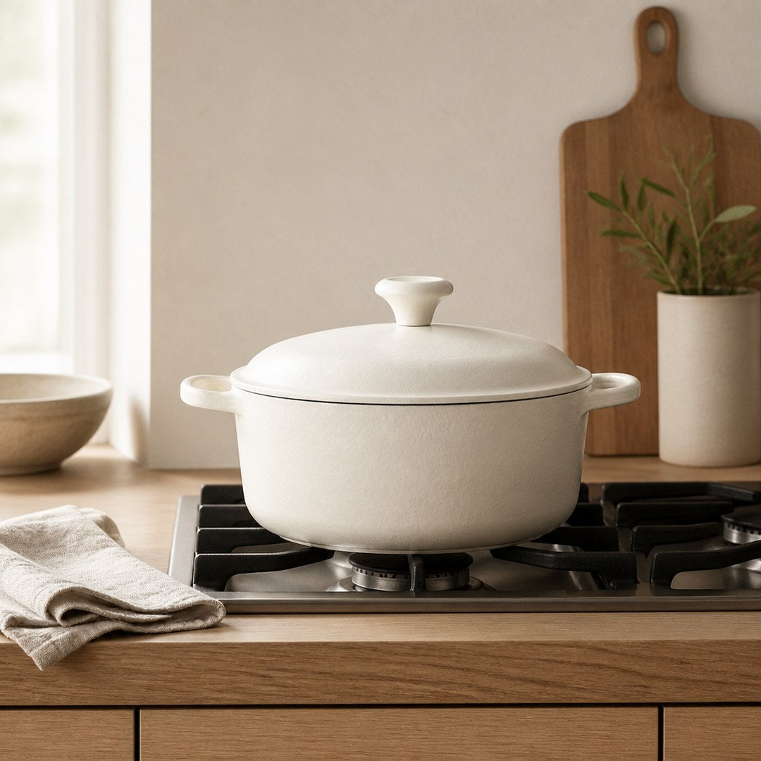 Enamel dutch oven on a kitchen stovetop
