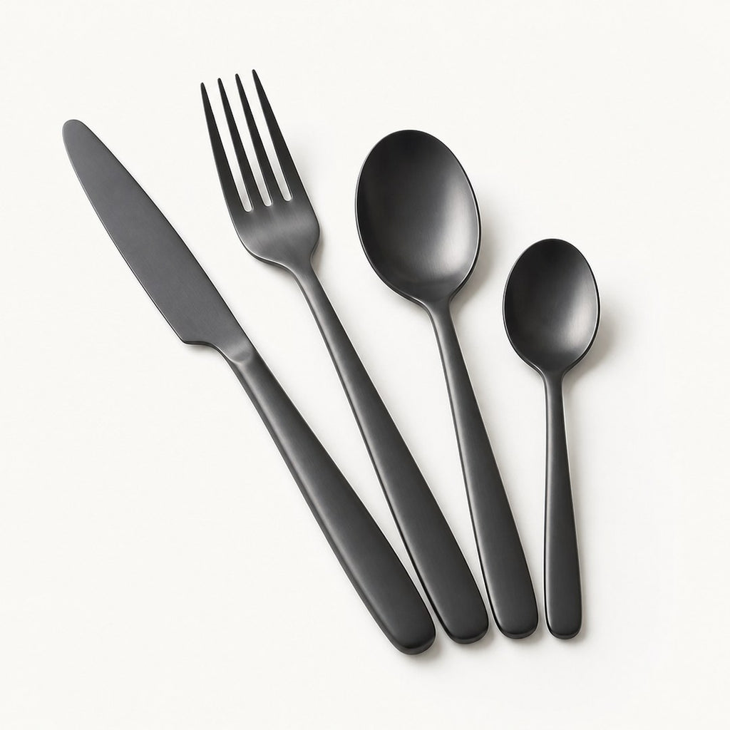 Matte flatware fanned out in close-up showing the finish
