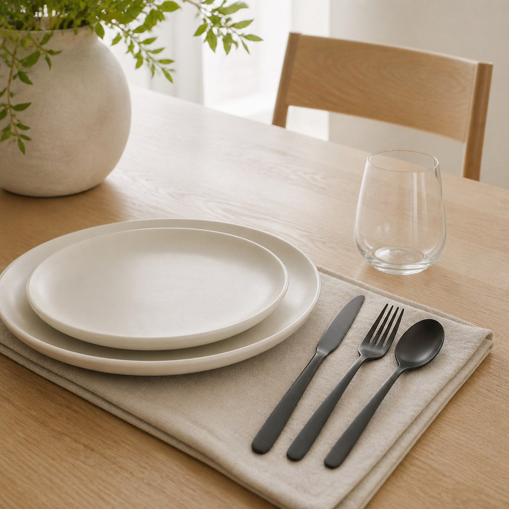 Matte flatware at a place setting on an oak dining table
