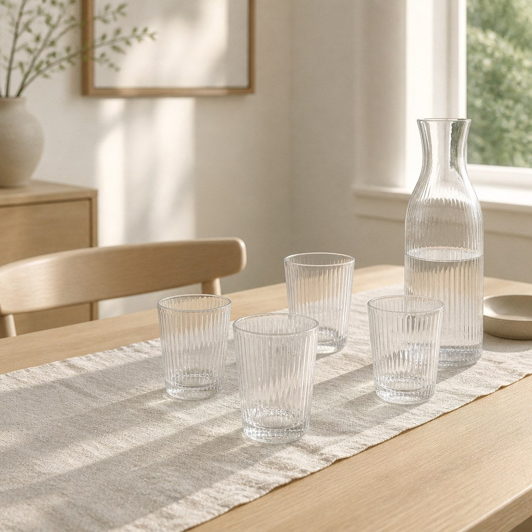 Ribbed glass tumblers on an oak table with a linen runner